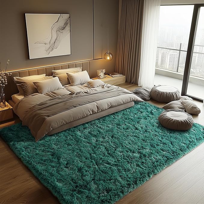 Zentavio Dark Green Area Rugs for Living Room Emerald Green Rugs for Bedroom 8x10 Fluffy Fake Grass Large Carpet for Kids Room Playroom Furry Shag Aesthetic Soft High Pile Washable Home Decor