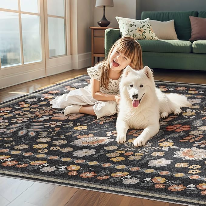 10x14 Area Rug Living Room Rugs - Washable Boho Vintage Floral Large Soft Non Slip Thin Rug Low Pile Carpet for Bedroom Dining Room Kids Playroom Office Decor Indoor- Black Grey