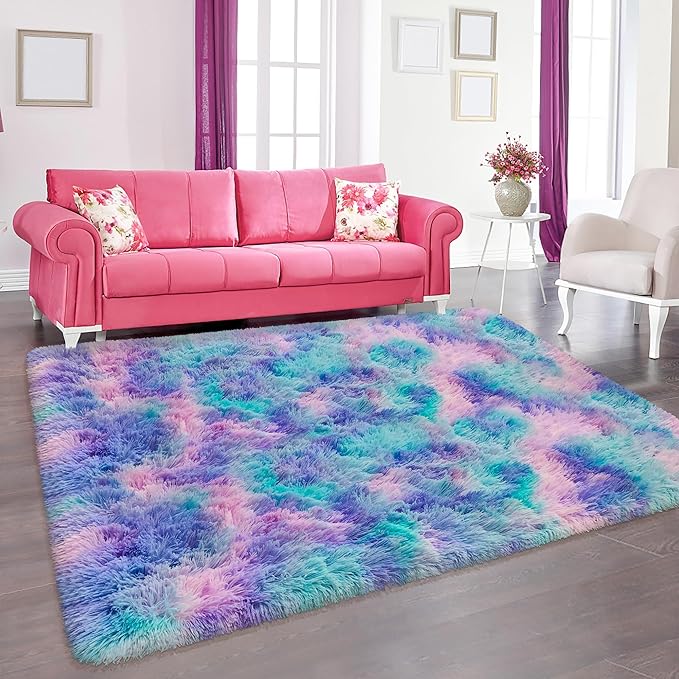 4x6ft Tie-Dyed Purple Rainbow Carpet Soft Area Rugs for Girls Room, Fluffy Colorful Rug Cute Floor Carpets Shaggy Playing Mat for Kids Baby Girls Bedroom Nursery Home Decor