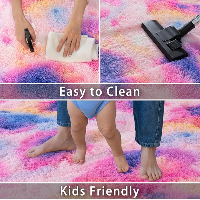 Large Area Rugs 9x12 Living Room, Plush Thick Carpets for Boy and Girls Room, Modern Soft Shag Rug for Bedroom, Non Slip, Indoor Carpet for Nursery Dorms Home Decor Aesthetic, Rainbow