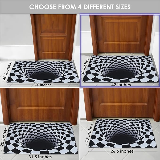 3D Optical Illusion Rug - Vortex Illusion Floor Mat for Door Entrance, Bathroom, Stairs, playroom, Living Room, or Area (Black and White, 42 x 28 Inch)
