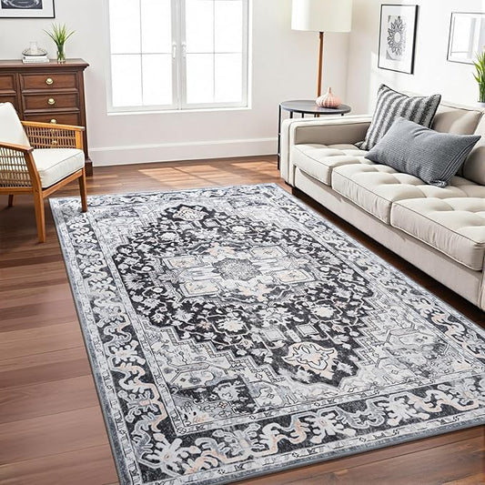 Washable Area Rugs 5x7, Non-Slip Vintage Rugs Low Pile Retro Carpet, Soft Distressed Printed Patterns Rugs for Living Room, Bedroom, Dining Room, Black