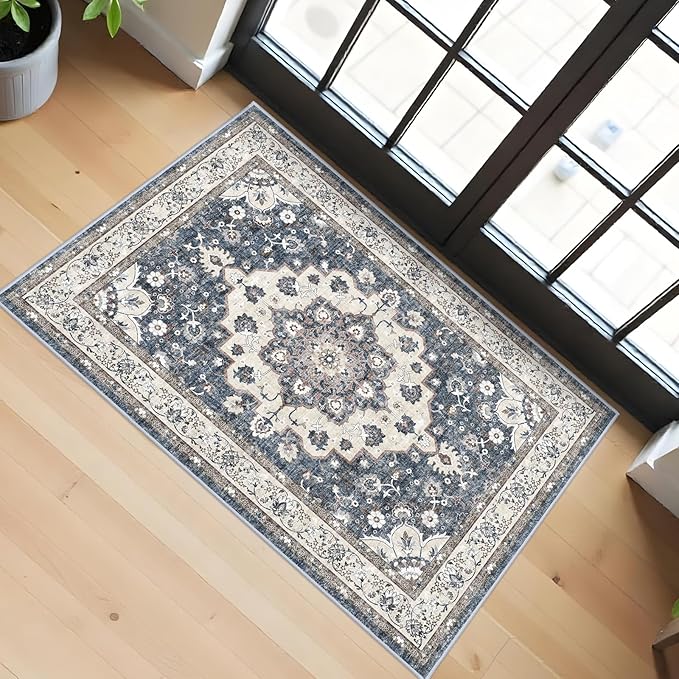 Washable 2x3 Entryway Area Rug: Vintage Non-Slip Backing Rugs for Kitchen Bathroom Water Resistant Carpet for Bedroom Soft Low Pile Front Door Mat for Dining Room 2x3 Blue