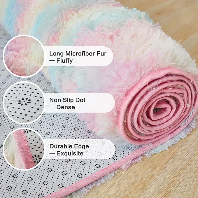 Andency 4x6 Shag Area Rug for Living Room, Rainbow Soft Fuzzy Plush Indoor Carpets for Bedroom, Non Skid Fluffy Faux Fur Rug for Nursery Kids Boys Girls Room