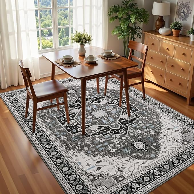 4x6 Black Grey Area Rug for Living Room, Machine Washable Rugs with Non-Slip Backing for Bedroom, Vintage Medallion Carpet Kitchen Laundry Kids Room Decor
