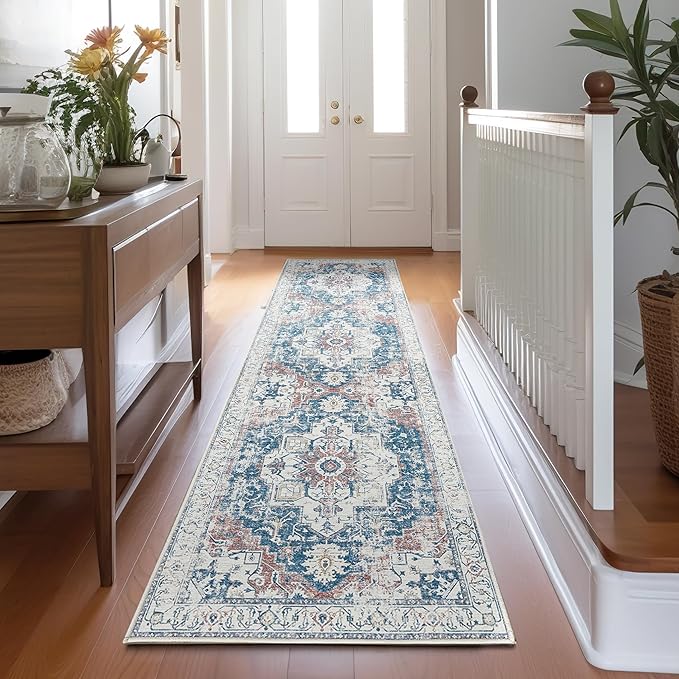 jinchan Runner Rug 2x10 Hallway Rug Kitchen Washable Runner Vintage Mat Retro Lightweight Non-Slip Floor Cover Distressed Thin Carpet for Entryway Bathroom Bedroom Laundry Room Stairway Navy Blue