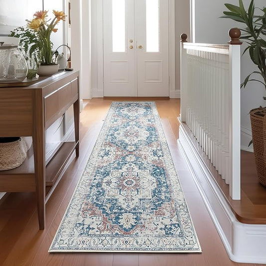 jinchan Runner Rug 2x10 Hallway Rug Kitchen Washable Runner Vintage Mat Retro Lightweight Non-Slip Floor Cover Distressed Thin Carpet for Entryway Bathroom Bedroom Laundry Room Stairway Navy Blue