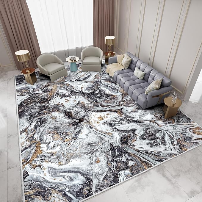 Washable Area Rug 9x12 - Artistic Style Modern Rug for Living Room Bedroom Dining Room, Soft Low Pile Machine Washable Carpet, Non Slip Non Shedding Area Rug - Black/Gold, 9'x12'