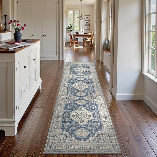 Lahome Oriental Hallway Runner Rug, 2.5x10 Washable Runner Ultra-Thin Hallway Rug for Bedroom Entryway, Soft Long Carpet for Kitchen Bathroom ‎Laundry Room, Blue