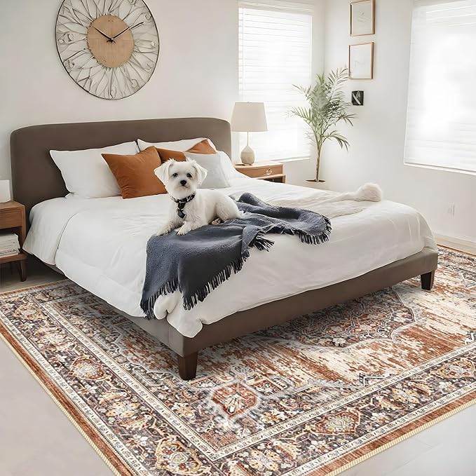 Washable Rug 8x10 Area Rugs: Super Soft Ultra-Thin Carpet - Non-Slip Backing Rugs for Bedroom Dining Room - Stain Resistant Vintage Large Area Rug 8'x10' Brick
