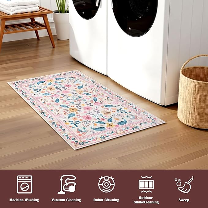 Terrug 2x3 Pink Floral Area Rug for Entryway,Boho Machine Washable Throw Rugs with Non-Slip Blacking for Kitchen,Small Flower Carpet for Bedroom Front Door Laundry Floor Decor