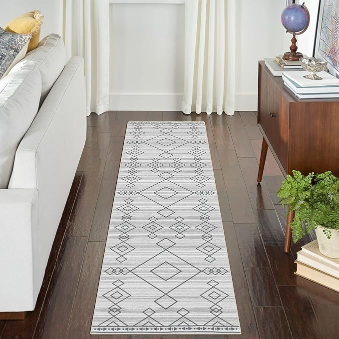 vivorug Washable Rug, Ultra Soft Runner Rug 2x7, Non Slip Floor Carpet, Runners for Hallway Living Room Indoor, Moroccan Western (Ivory/Grey, 2'x7')