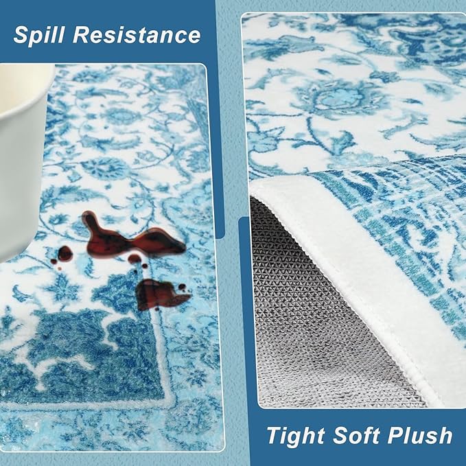 2x3 Small Area Rug for Entryway, Soft Washable Rugs with Non-Slip Backing for Bedroom Kitchen, Vintage Throw Carpet Laundry Entry Door Decor, Blue & White