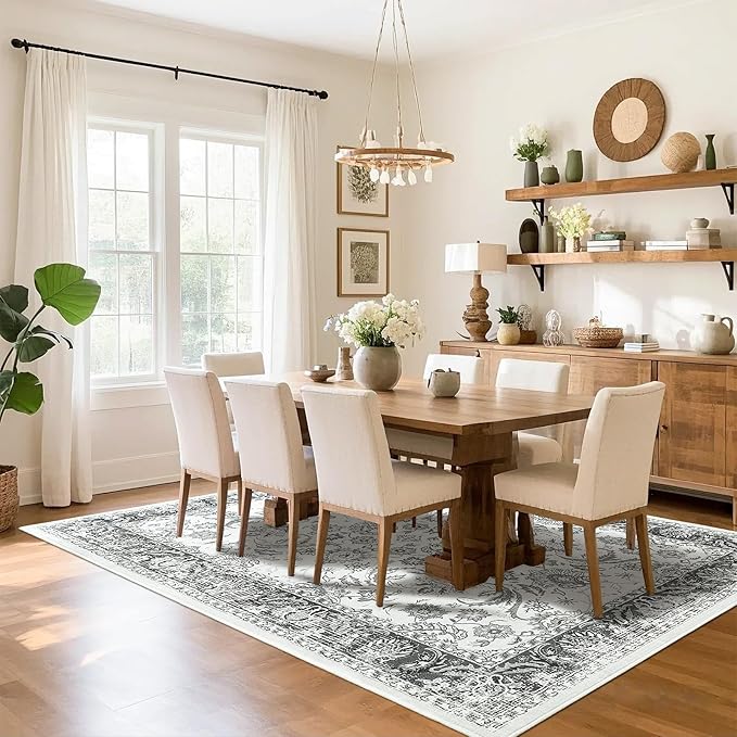 Area Rugs for Living Room, Washable 5x7 Area Rug for Bedroom, Floral Non-Slip Carpet for Nursery Home Office Dining Room Kitchen, Grey and White