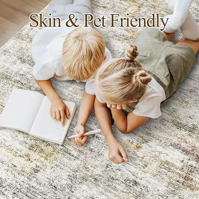 10x14 Area Rugs for Living Room, Non Slip Machine Washable Vintage Rugs, Low Pile Lightweight Large Rug for Bedroom, Dining Room, Home Office Gray Rust