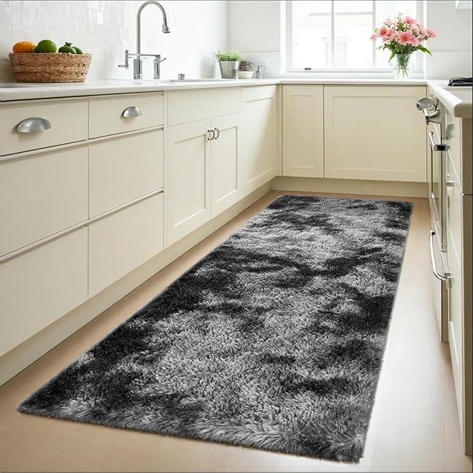Zentavio Runner Rugs for Hallway 2x6 Shag Soft Bedroom Bedside Rugs Non Slip Fluffy Carpet for Kids Girls Boys Home Decor Aesthetic Dorm Nursery Tie-Dyed Black Grey