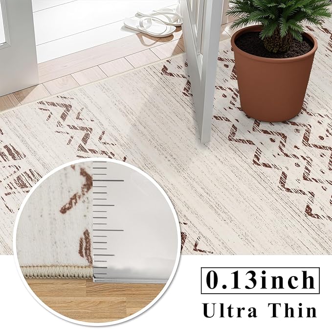9x12 Area Rugs Living Room, Large Washable Rug for Bedroom Ultra Thin Moroccan Rug with Non Slip Rubber Backing Stain Resistant Soft Low Pile Indoor Carpet Dining Room Waterproof - 9x12 Beige/Brown