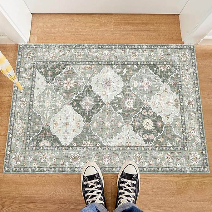Washable Boho Vintage Area Rugs 2×3 Non-Slip Traditional Green Area Rug Doormat for Bathroom Kitchen Entryway
