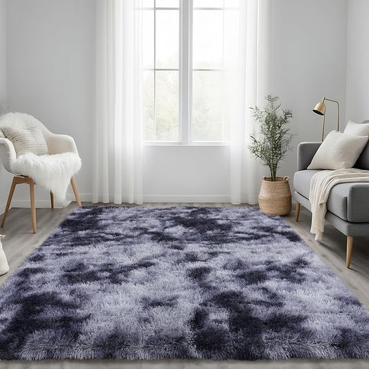 Tie-Dyed Black Fluffy Rugs for Bedroom 4x5.9 ft Small Rug - Ultra Soft & Non Slip Shaggy Area Rug, Comfy Durable Carpet for Living Room Kids Room Teens Dorm Home Decor, 1.7'' Thick Indoor Carpets