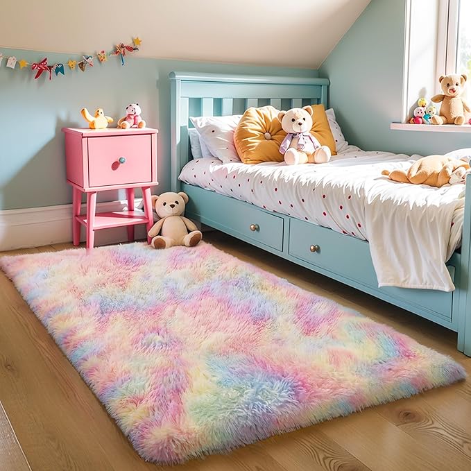 Thick Area Rug 4x6 Fluffy Shag - Rainbow Unicorn Carpet for Girls Bedroom, Soft Plush Fuzzy Pastel, Thickened Washable Non-Slip Shaggy Rug for Kids, Nursery, Living Room, Baby, Dorm