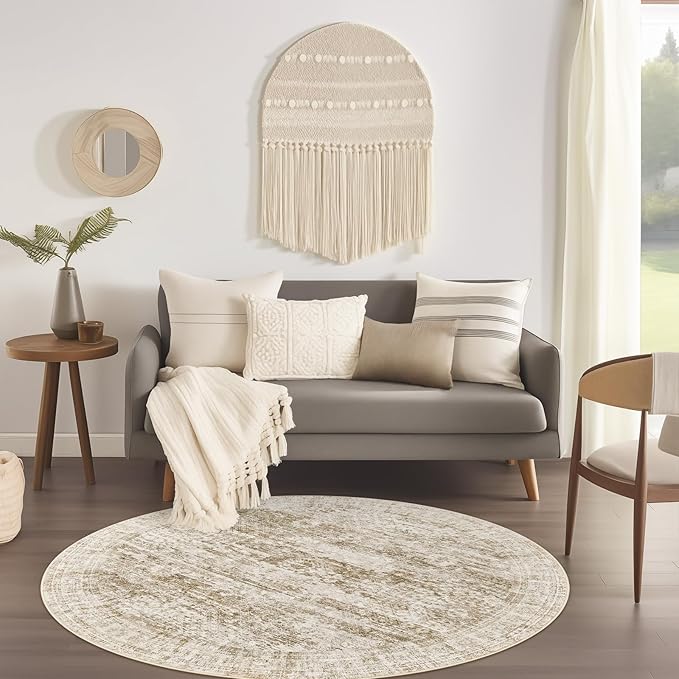 4x4 Brown Round Rug 4ft Entryway Rug Vintage Round Area Rug Non-Slip Indoor Carpet for Living Room Dining Room Bedroom