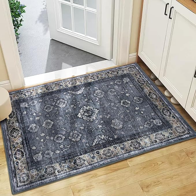 2x3 Oriental Entryway Rug,Washable Non-Slip Small Rugs for Entryway, Ultra-Thin Design for Front Door, Bathroom, Kitchen,Lightgrey Door Mat