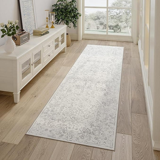 jinchan Hallway Runner Rug 2x5 Washable Kitchen Flora Faux Wool Non-Slip with Rubber Backing Soft Thin Vintage Carpet Runner for Bedroom Bathroom Laundry Room Living Room (2x5ft,Grey)