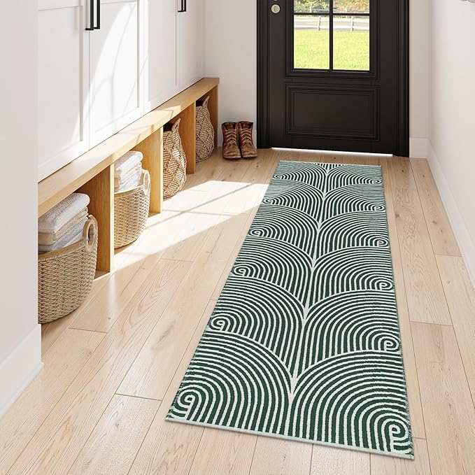 Tiffasea Boho Runners for Hallways 2x6 ft Washable Green Kitchen Runner Rug Cotton Hand-Woven Entryway Rug Reversible Modern Area Rug Carpet Floor Runners for Indoor Bedroom Bathroom