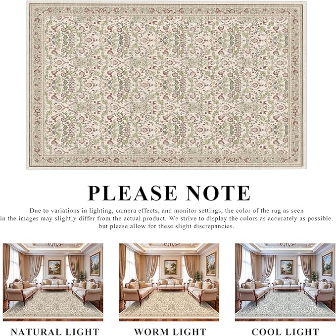 9x12 Area Rug Living Room: Washable Soft Oriental Floral Farmhouse Rugs - Non-Slip Backing Thin Stain Resistant Large Indoor Carpet for Bedroom (9x12 Off - White/Green/Multi)