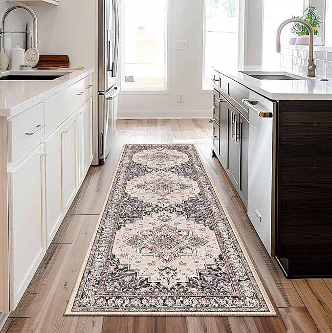 BESTSWEETIE 2x6 Area Rugs for Living Room, Washable Ultra Soft Boho Vintage Print Pattern Rug Non Slip Low Pile Carpet for Dining Room Bedroom Entryway Indoor-Khaki/Beige/Purple/Black
