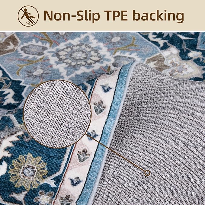 Washable Area Rug 5x7 Non-Slip, Navy Blue Boho Rugs for Living Room Decor，Indoor Mat for Front Porch, Kitchen, Laundry Room, Bathroom