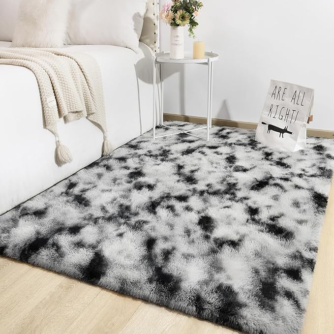 TWINNIS Super Soft Shaggy Rugs Fluffy Carpets, 4x5.9 Feet, Indoor Modern Plush Area Rugs for Living Room Bedroom Kids Room Nursery Home Decor, Upgrade Anti-Skid Rectangular Fuzzy Rug, Black and White