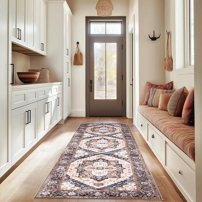 Washable 2x10 Area Rugs, Rugs for Living Room, Low-Pile Water&Stain Resistant Carpet Vintage Distressed Printed Non-Slip Carpet for Bedroom Bathroom Kitchen-Pink/Brown/Navy Blue/Black