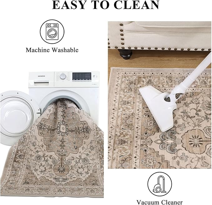 U'Artlines Boho Vintage Area Rug 3x5 Machine Washable Low Pile Soft Floor Carpet Non Slip Non Shedding Accent Rug for Living Room Bedroom Entryway Dining Room Office Beige Brown