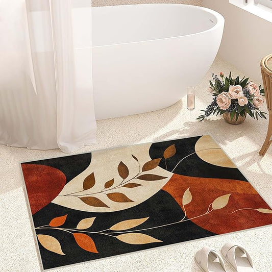 2x3 Entryway Rugs Machine Washable Boho Area Rug Vintage Black Brown Leaf Modern Abstract Rug Non-Slip Low Pile Door Mat Entrance Small Carpet for Home Kitchen Bathroom Bedroom