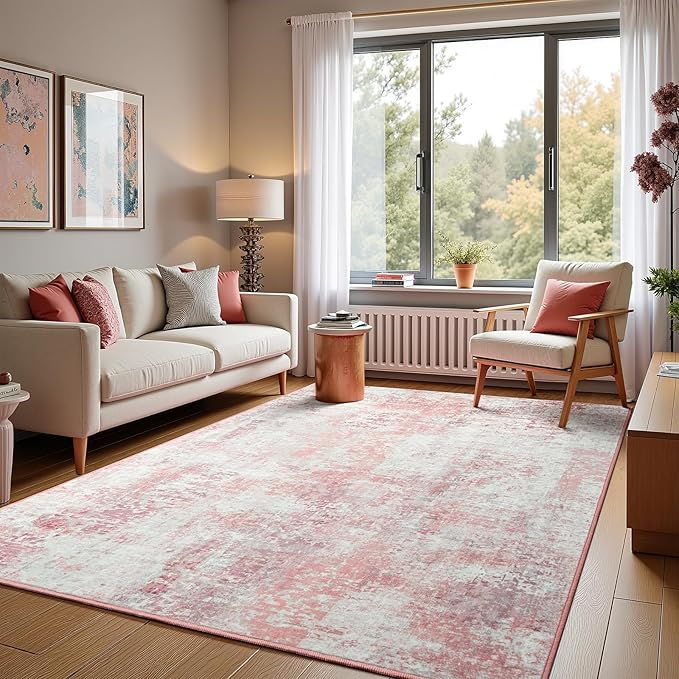 3x5 Pink Washable Area Rug for Living Room Bedroom, Modern Abstract Non-Slip Rugs, Low Pile Soft Stain Resistant Carpet for Dining Room, Kitchen, Office, Dorm, Bedside Decor