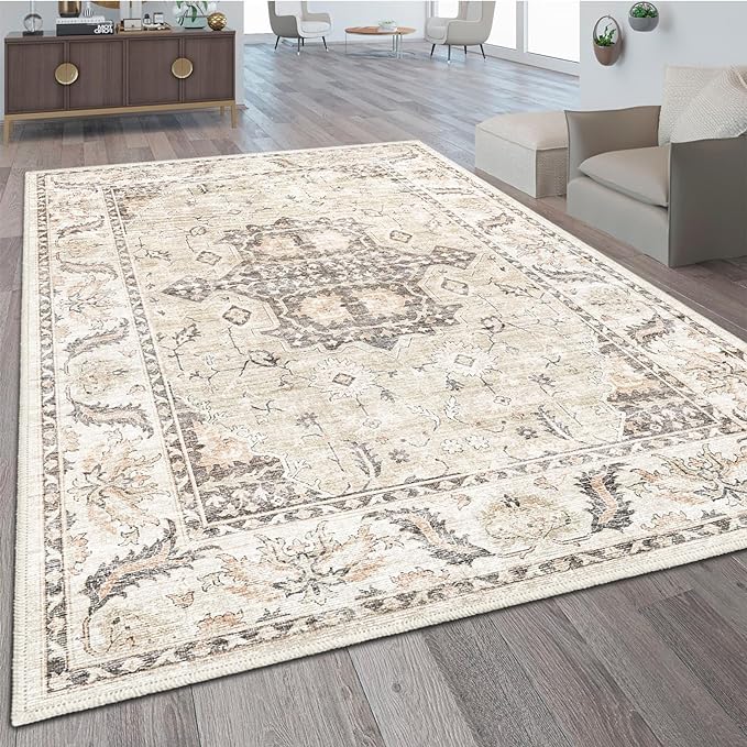 Area Rug 8x10 for Living Room, Vintage Design Home Decor, Floor Decoration Carpet Mat, Area Rugs for Living Room,Beige Washable Rug (Beige Cream, 8x10)