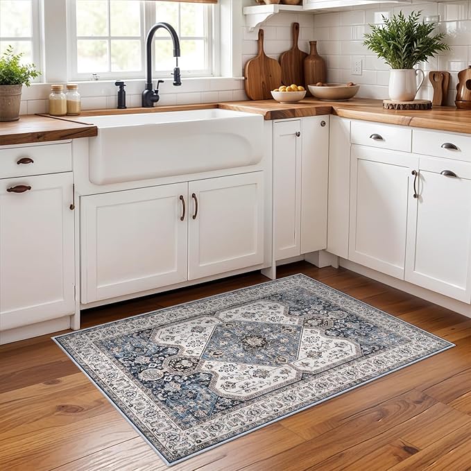 RUUGME Washable 2x3 Area Rug - Boho Rugs for Entry Way Stain Resistant Carpet Vintage Rugs for Bedroom Kitchen Bathroom with Non Slip Backing Floor Decoration Mat 2x3 Navy