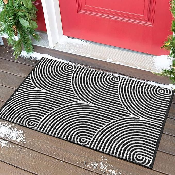 Tiffasea Front Door Mat 2'x3', Machine Washable Welcome Mats Cotton Woven Small Rug Reversible Indoor Outdoor Rugs Layered Floor Mat for Entryway/Kitchen/Bathroom/Bedroom(Black and White)
