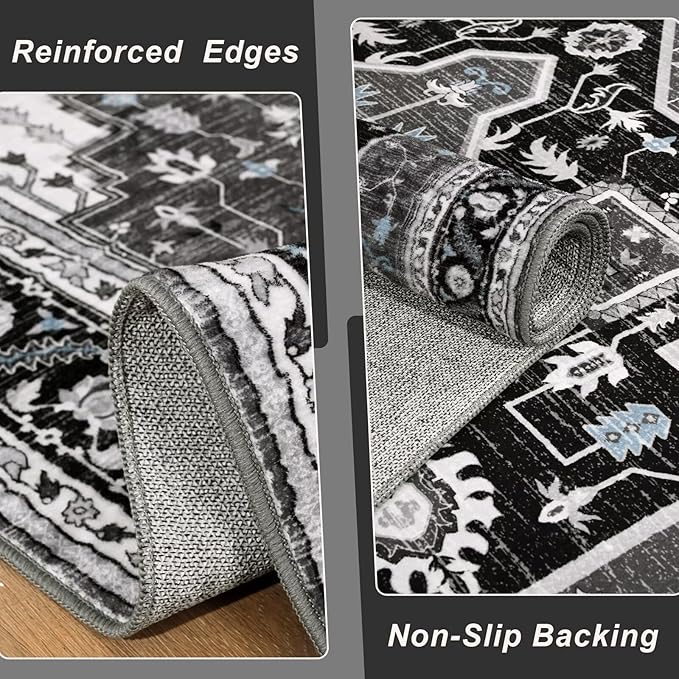 2x3 Black Grey Small Area Rug for Entryway, Soft Washable Rugs with Non-Slip Backing for Bedroom Kitchen, Vintage Throw Carpet Laundry Entry Front Door Decor