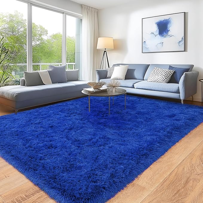Rugs for Living Room Bedroom, Soft Plush Shaggy 9x12 Area Rugs Fluffy Modern Non-Slip Floor Carpet for Kids Girls Room Dorm Nursery Home Decor Aesthetic, Blue