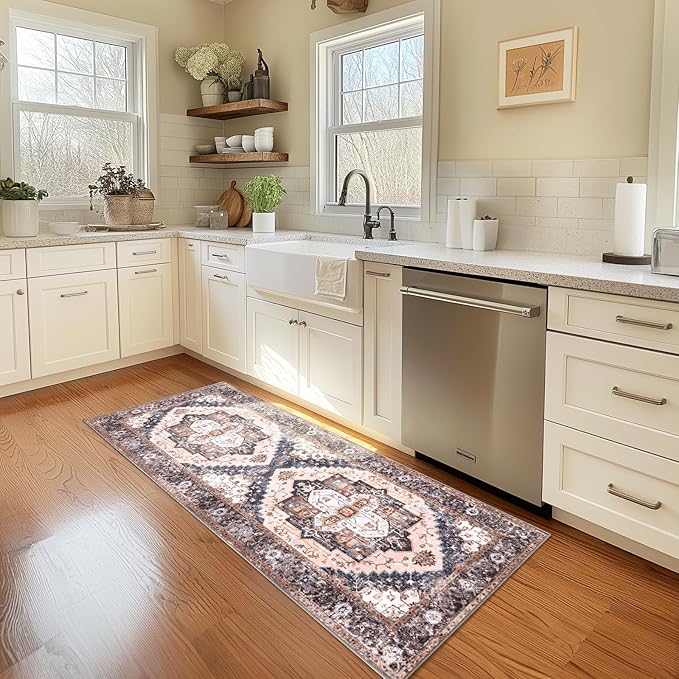 Washable 2x6 Area Rugs, Rugs for Living Room, Low-Pile Water&Stain Resistant Carpet Vintage Distressed Printed Non-Slip Carpet for Bedroom Bathroom Kitchen-Pink/Brown/Navy Blue/Black