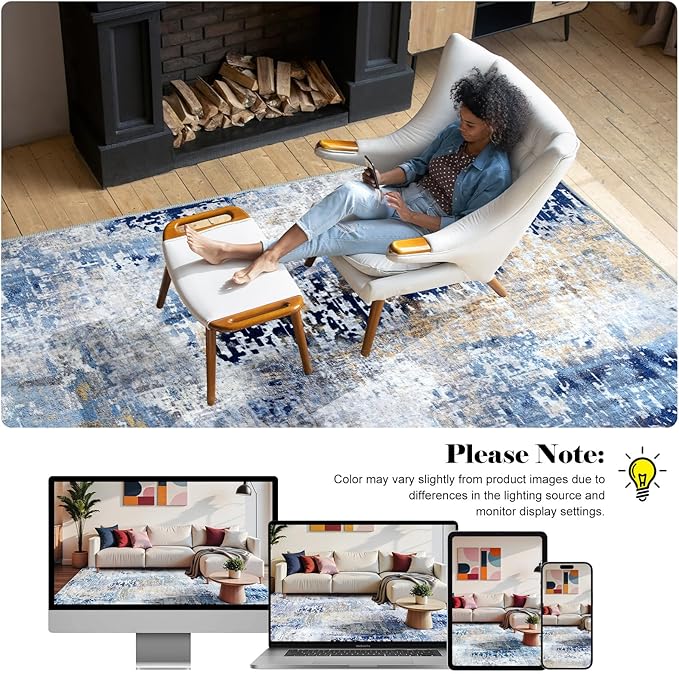 Washable Abstract Runner Rug, 2x6 Modern Area Rugs with Non-Slip Rubber Backed for Kitchen, Thin but Soft Contemporary Carpet Bedroom Entryway Hallway Decor, Midnight Blue