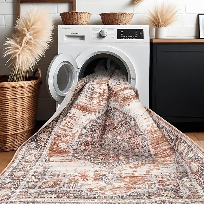 YOUFORTONG Area Rug 3x5 for Living Room: Soft Ultra Thin Low Pile Mat Machine Washable Indoor Doormat Lightweight Entry Rug Anti Slip Backing Rugs for Bedroom Kitchen 3'x5' Brick