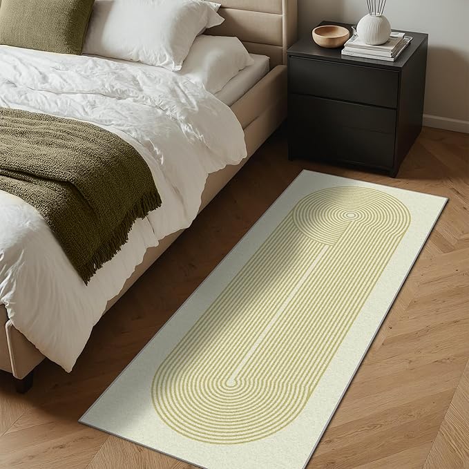 Bavni Hallway Runner, Machine Washable Runner Rug, Soft Modern 2x7 Rugs, Abstract Low Pile Lightweight Rugs for Bedroom, Hallways, Kitchen, Beige Yellow Lines