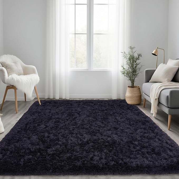 Black Fluffy Rug for Bedroom 3x5 ft Small Rug - Ultra Soft & Non Slip Shaggy Area Rug, Comfy Durable Carpet for Living Room Kids Room Teens Dorm Home Decor, 1.7'' Thick Indoor Plush Carpets