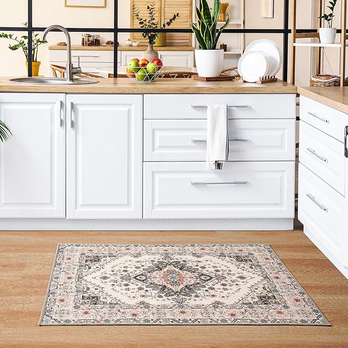 Noahas Front Door Mat Indoor Outdoor Entrance,2x3 Small Beige Area Rugs Vintage Machine Washable Rugs Non-Slip Low Pile Carpets for Entryway Porch Bathroom Kitchen Bedroom Laundry Room Home Decor
