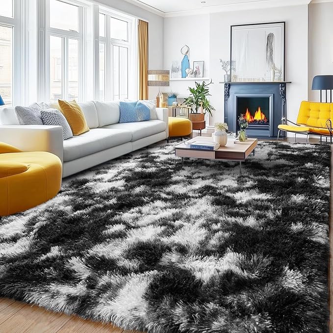 Black and White Rug for Living Room, 9x12 Fluffy Plush Area Rugs Anti-Skid Floor Carpets, Ultra Soft Modern Indoor Shag Rug for Bedroom Kids Room Nursery Dorm Home Decor Aesthetic