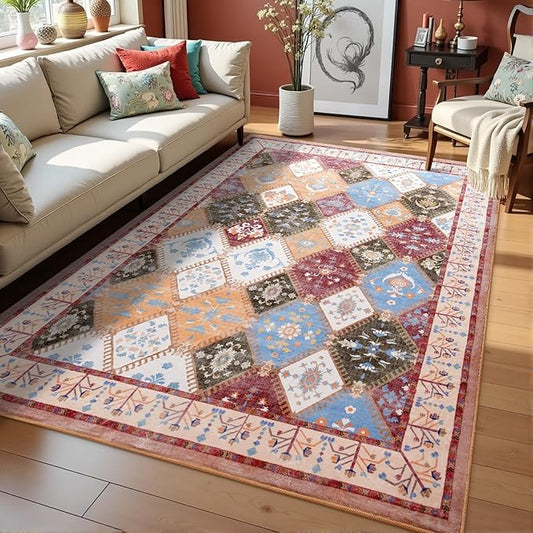 4x6 Washable Area Rug for Bedroom, Boho Non-Slip Living Room Rugs, Moroccan Floral Trellis Carpet Soft Low Pile Accent Indoor Mat for Bedside Kitchen Laundry Room, Brown