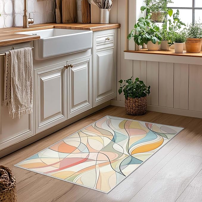 2x3 Entryway Rugs Machine Washable Area Rug Blue Yellow Pink White Modern Abstract Colorful Rug Non-Slip Low Pile Door Mat Entrance Small Carpet for Home Kitchen Bathroom Bedroom